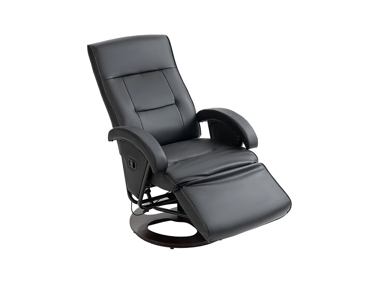 Sillón reclinable giratorio de piel sintética con reposapiés, base de madera, inclinación ajustable, ideal para salón y oficina, color negro, 66 x 86 x 107 cm