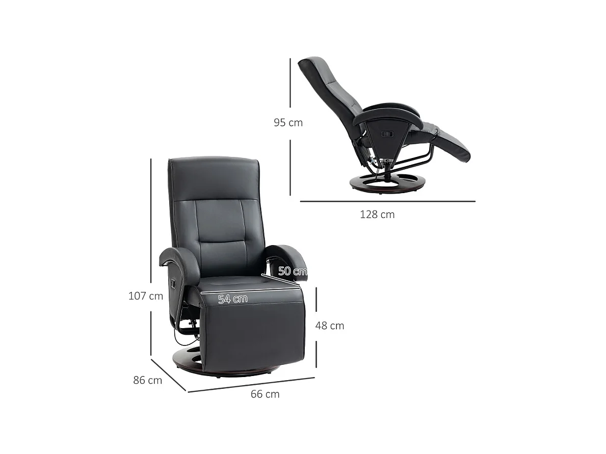 Sillón reclinable giratorio de piel sintética con reposapiés, base de madera, inclinación ajustable, ideal para salón y oficina, color negro, 66 x 86 x 107 cm