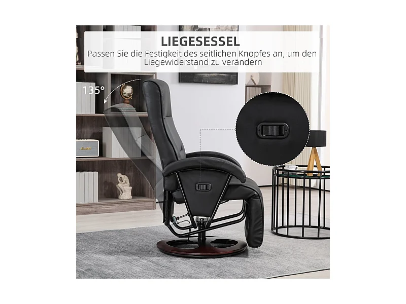 Sillón reclinable giratorio de piel sintética con reposapiés, base de madera, inclinación ajustable, ideal para salón y oficina, color negro, 66 x 86 x 107 cm