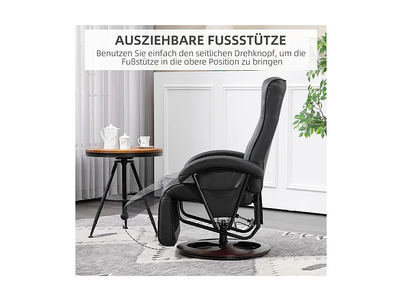 Sillón reclinable giratorio de piel sintética con reposapiés, base de madera, inclinación ajustable, ideal para salón y oficina, color negro, 66 x 86 x 107 cm