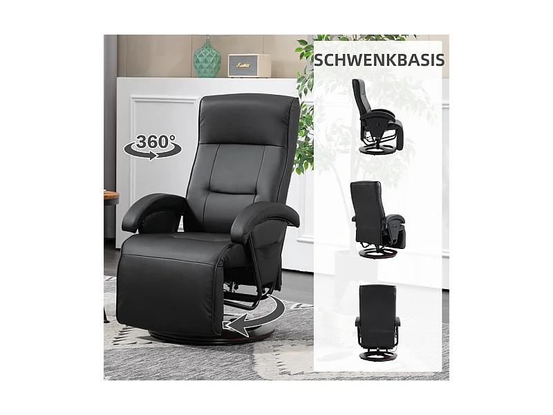 Sillón reclinable giratorio de piel sintética con reposapiés, base de madera, inclinación ajustable, ideal para salón y oficina, color negro, 66 x 86 x 107 cm