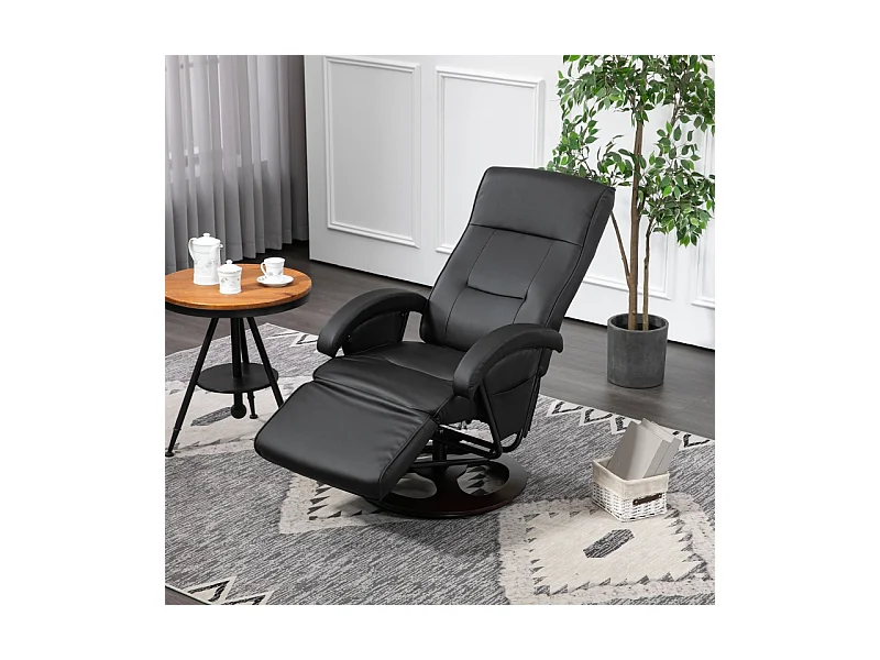 Sillón reclinable giratorio de piel sintética con reposapiés, base de madera, inclinación ajustable, ideal para salón y oficina, color negro, 66 x 86 x 107 cm