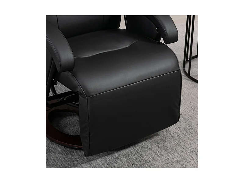 Sillón reclinable giratorio de piel sintética con reposapiés, base de madera, inclinación ajustable, ideal para salón y oficina, color negro, 66 x 86 x 107 cm