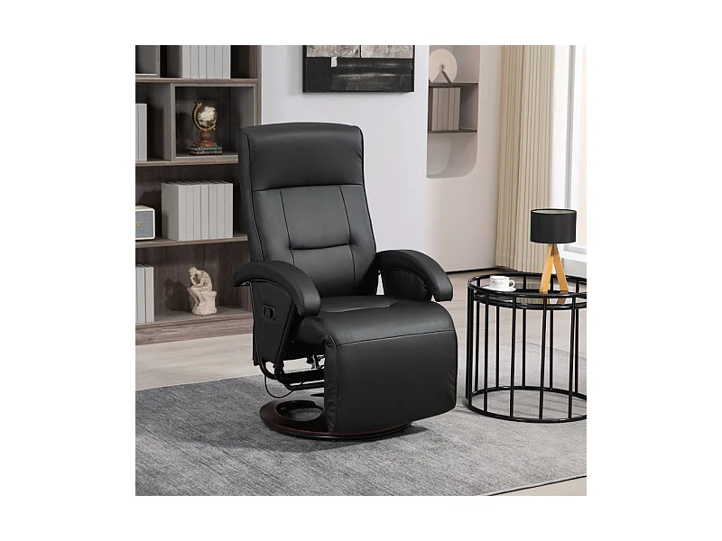 Fauteuil Relax Pivotant en Cuir Synthétique avec Repose-Pieds, Base en Bois, Inclinaison Réglable, Salon et Bureau, Noir, 66 x 86 x 107 cm