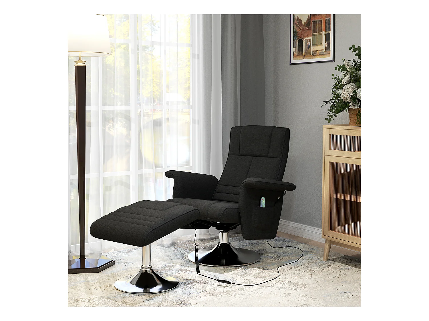 Sillón reclinable de masaje eléctrico con otomana en lino poliéster negro 78x95x88cm