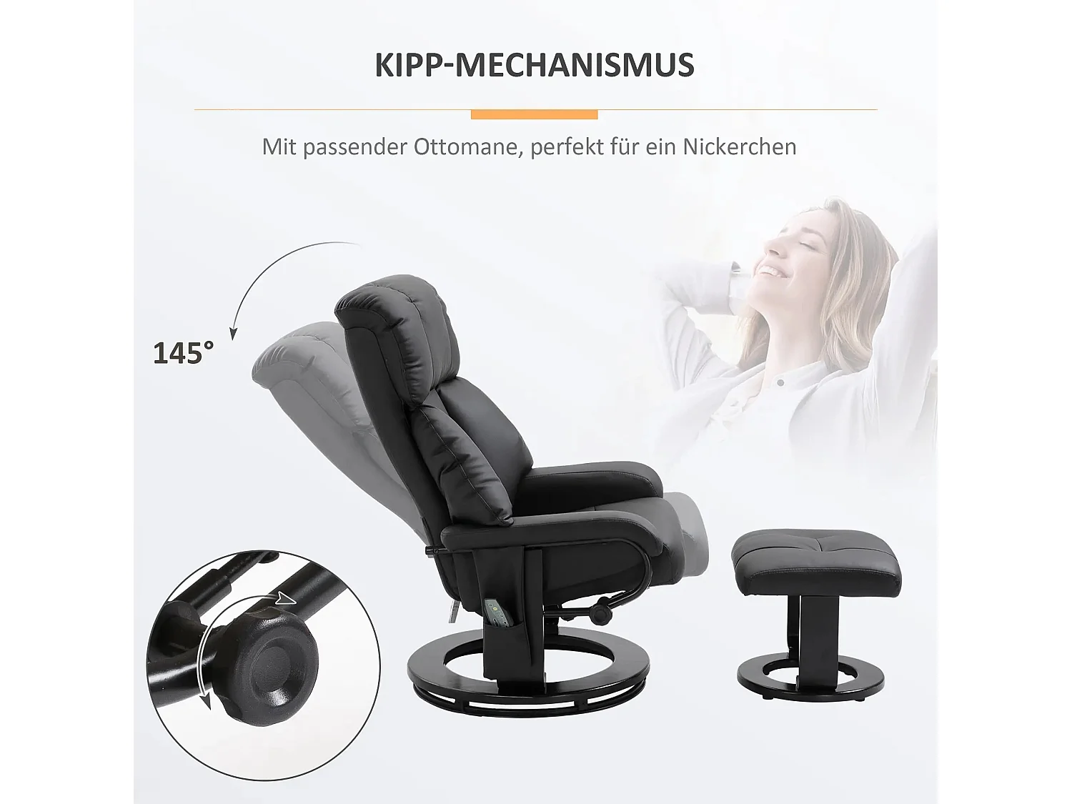 Sillón de masaje con reposapiés PU giratorio 360° ergonómico negro 76x80x102cm