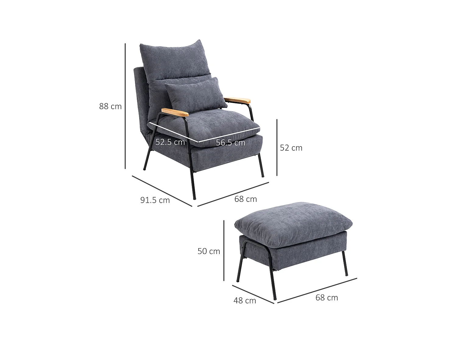 Sillón con puf en tela gris, reclinable 95-155°, 68x91,5x88 cm