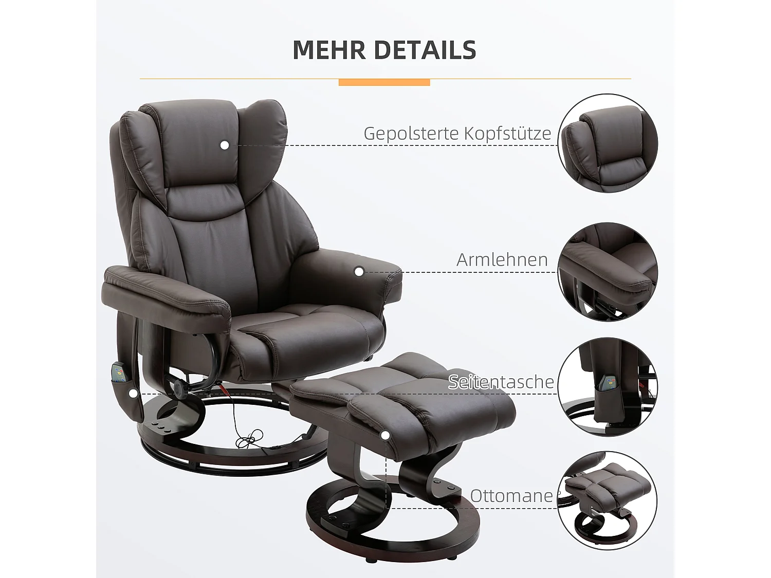 Poltrona de massagem relaxante em couro sintético, reclinável 145° com apoio para os pés, 79x82x101 cm, marrom