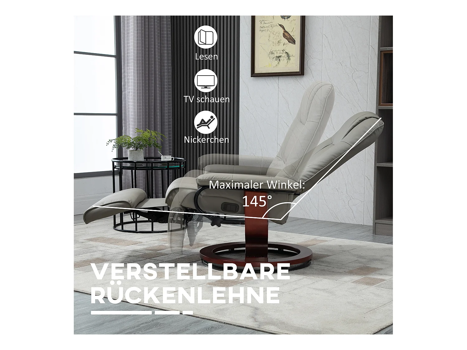 Sillón TV eléctrico reclinable 145° símil piel gris 78x87x100 cm salón