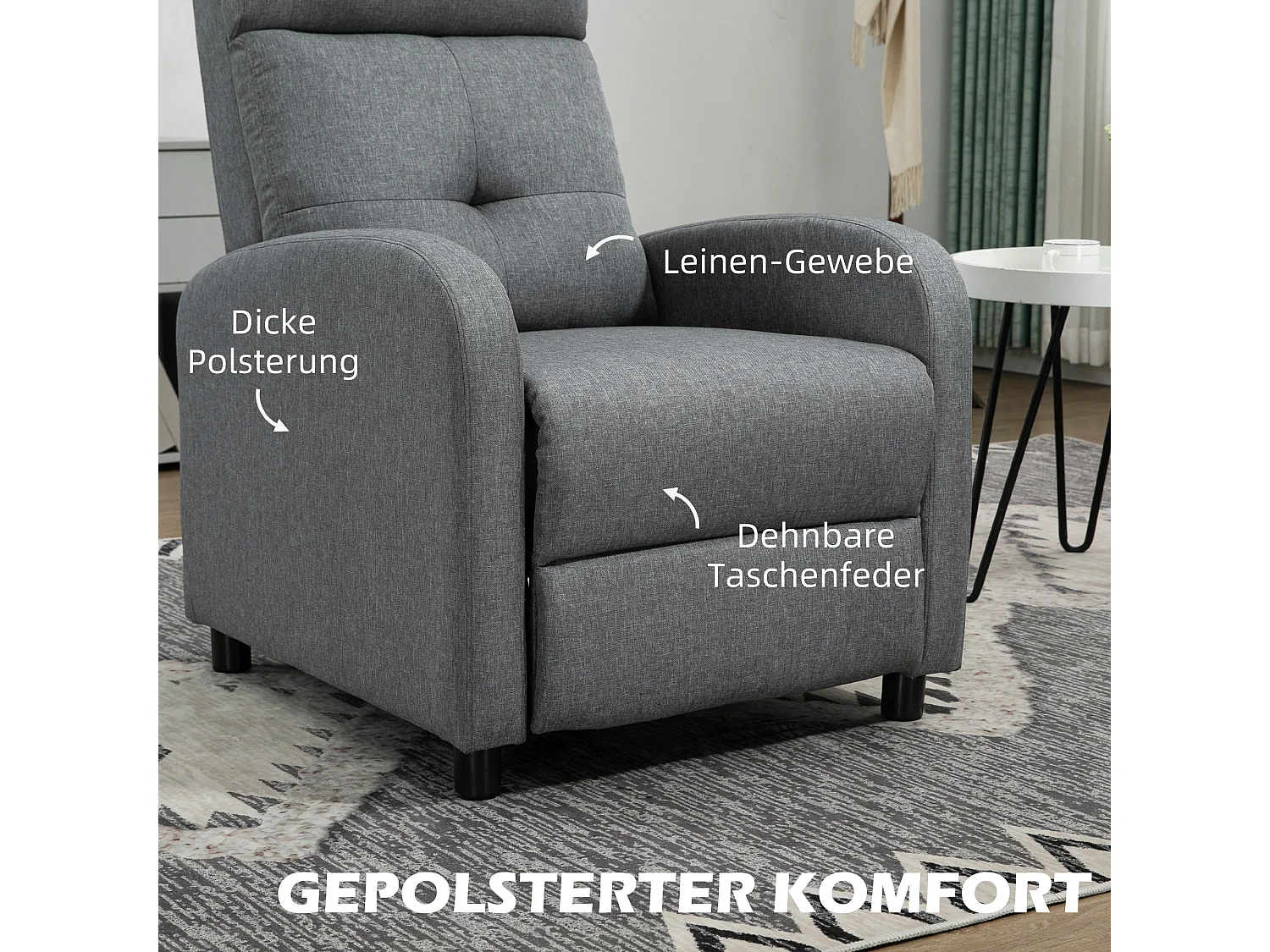 Poltrona relaxante com encosto reclinável, apoio para os pés, linho sintético, molas ensacadas, cinza