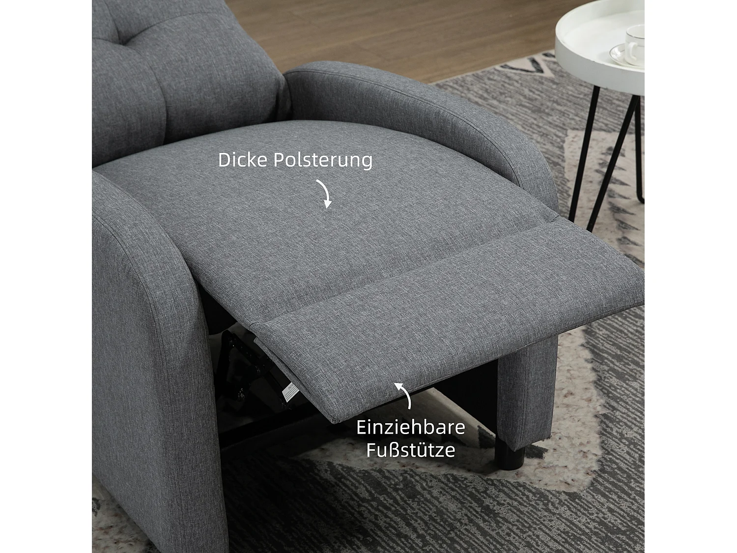 Poltrona relaxante com encosto reclinável, apoio para os pés, linho sintético, molas ensacadas, cinza