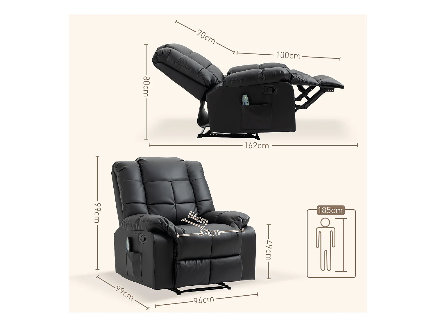 Sillón relax eléctrico en piel sintética negra con masaje de 8 puntos y reclinación de 165°