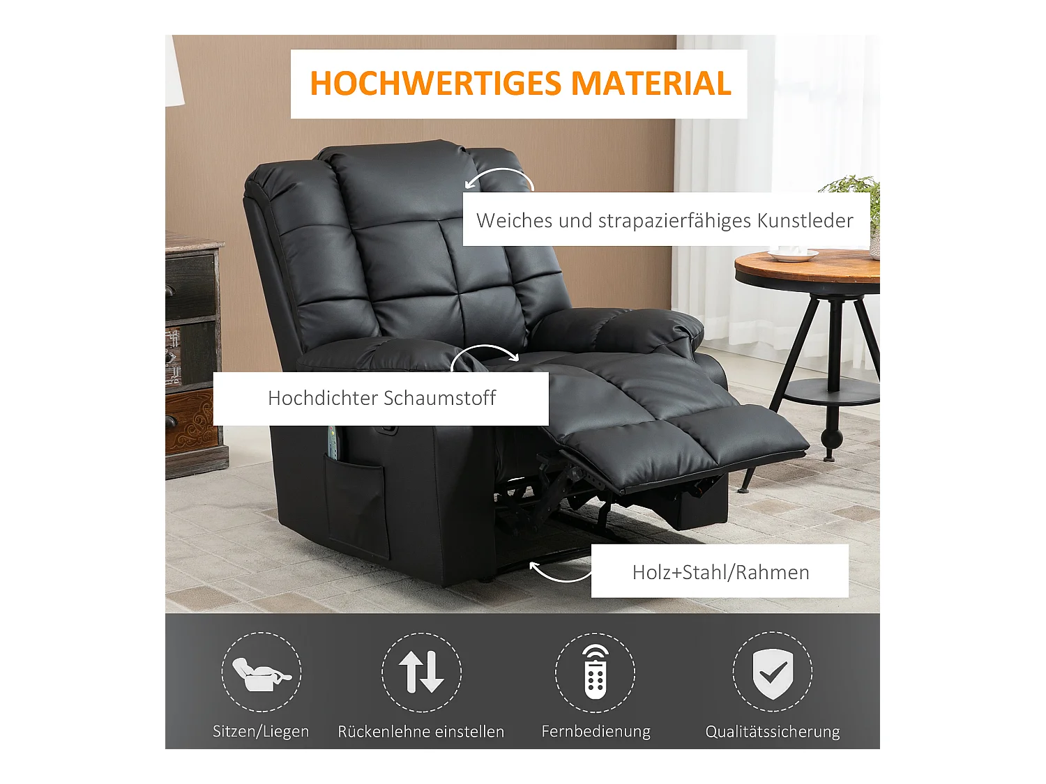 Sillón relax eléctrico en piel sintética negra con masaje de 8 puntos y reclinación de 165°