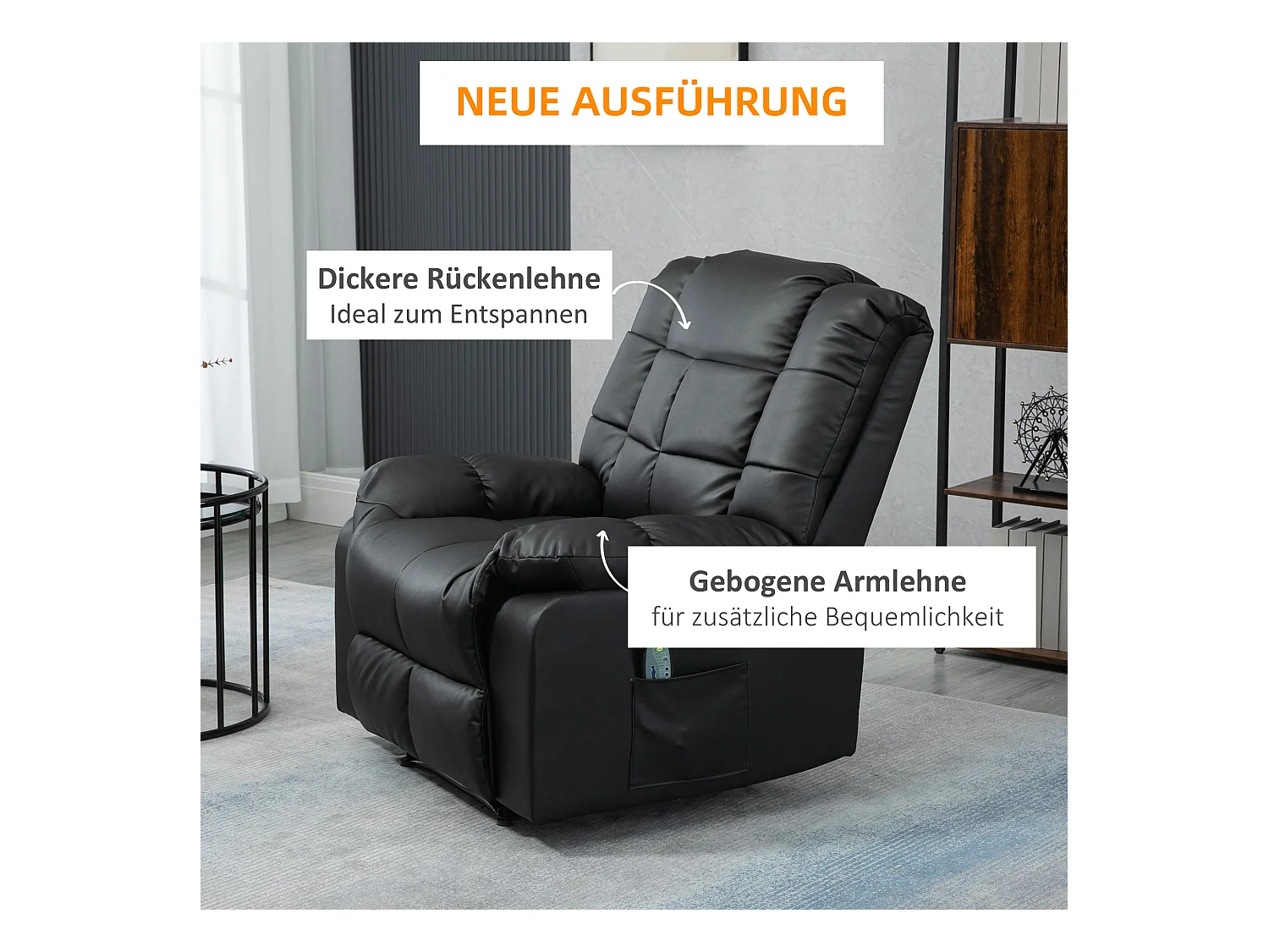 Sillón relax eléctrico en piel sintética negra con masaje de 8 puntos y reclinación de 165°