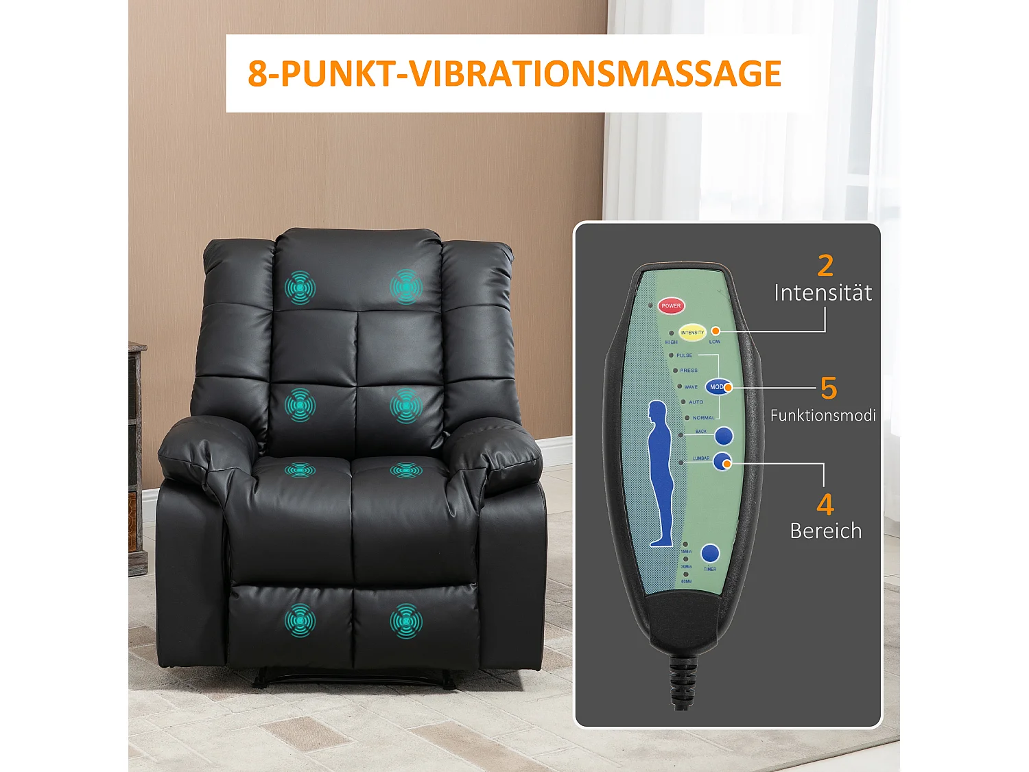 Sillón relax eléctrico en piel sintética negra con masaje de 8 puntos y reclinación de 165°