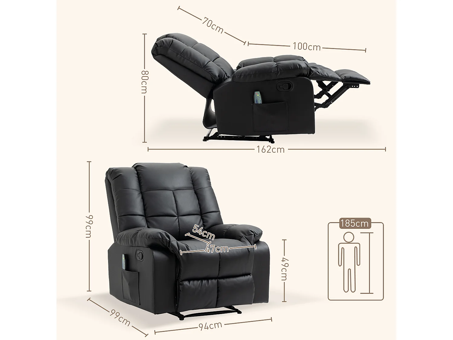 Fauteuil relax électrique cuir synthétique noir massaggio 8 punti inclinabile 165°