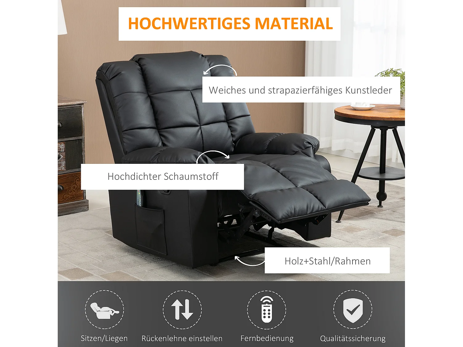 Fauteuil relax électrique cuir synthétique noir massaggio 8 punti inclinabile 165°