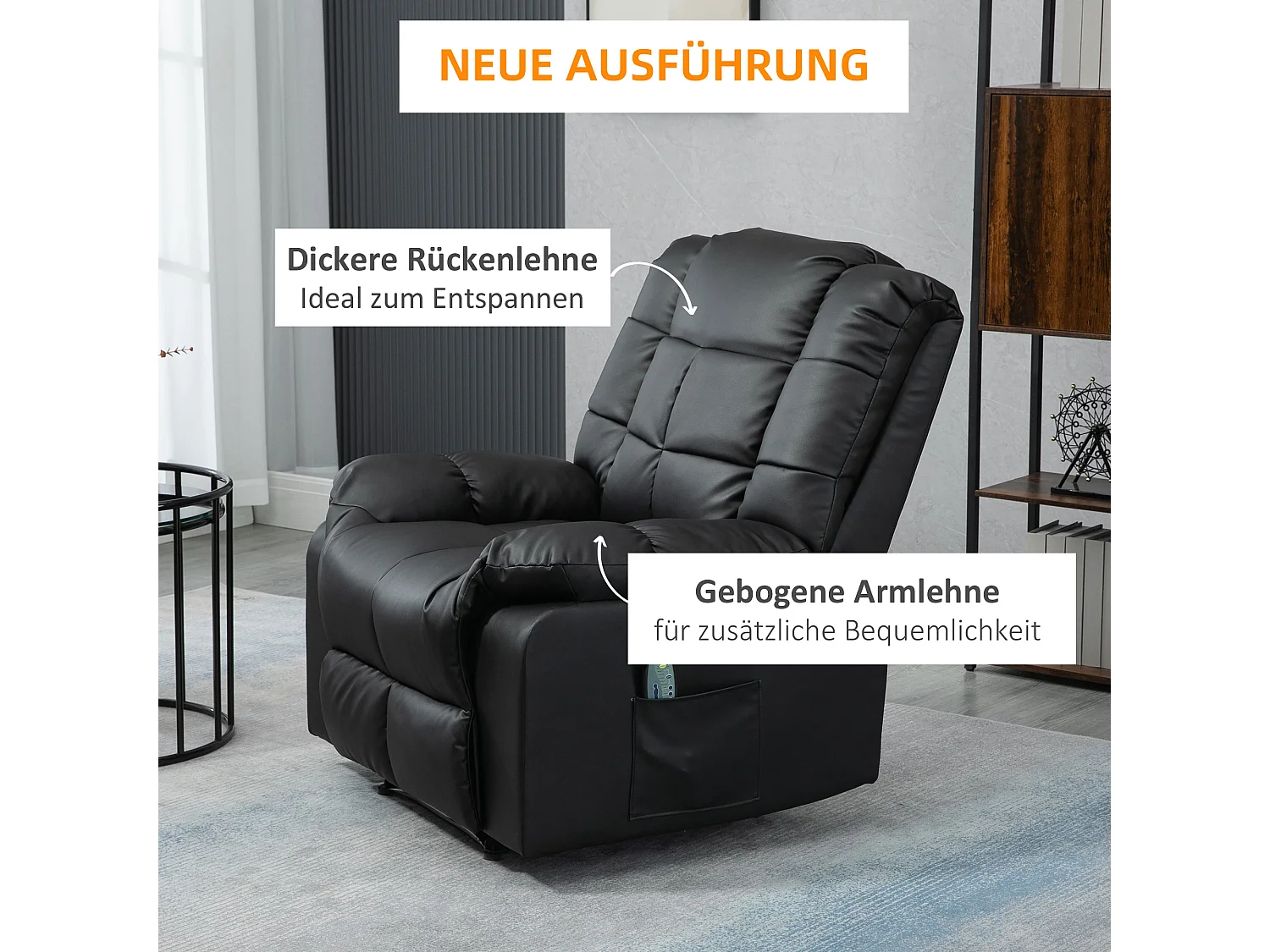 Fauteuil relax électrique cuir synthétique noir massaggio 8 punti inclinabile 165°