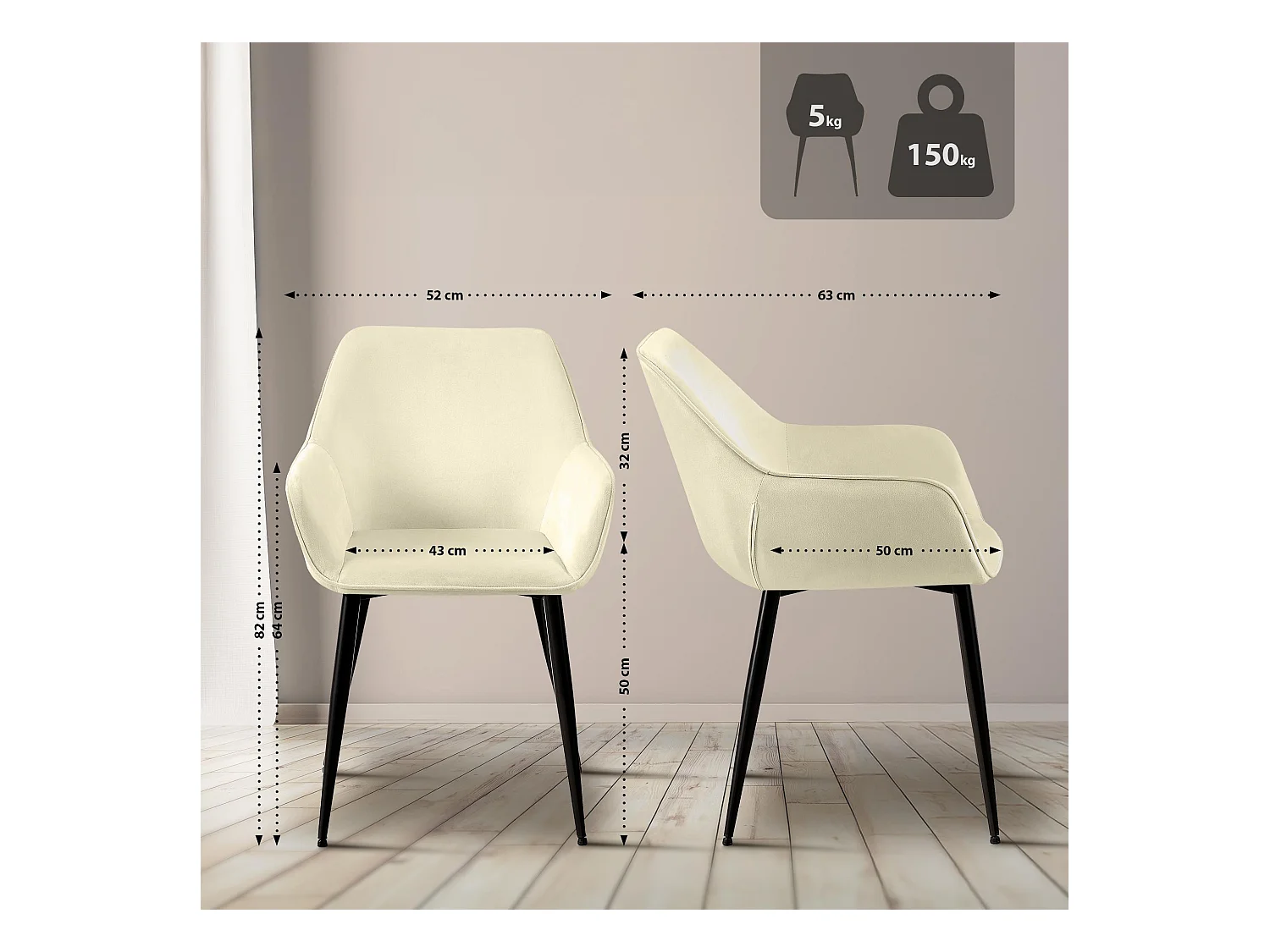 Lot de 2  chaises avec accoudoirs - Velours - Crème - Luena