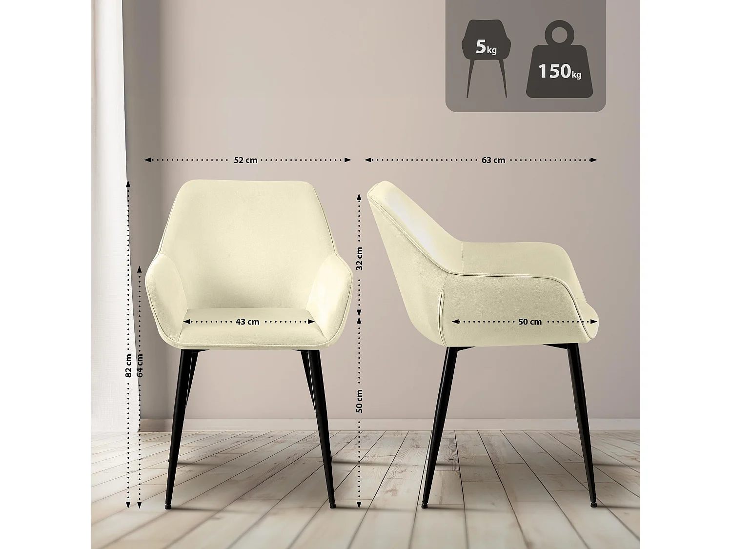 Lot de 2  chaises avec accoudoirs - Velours - Crème - Luena