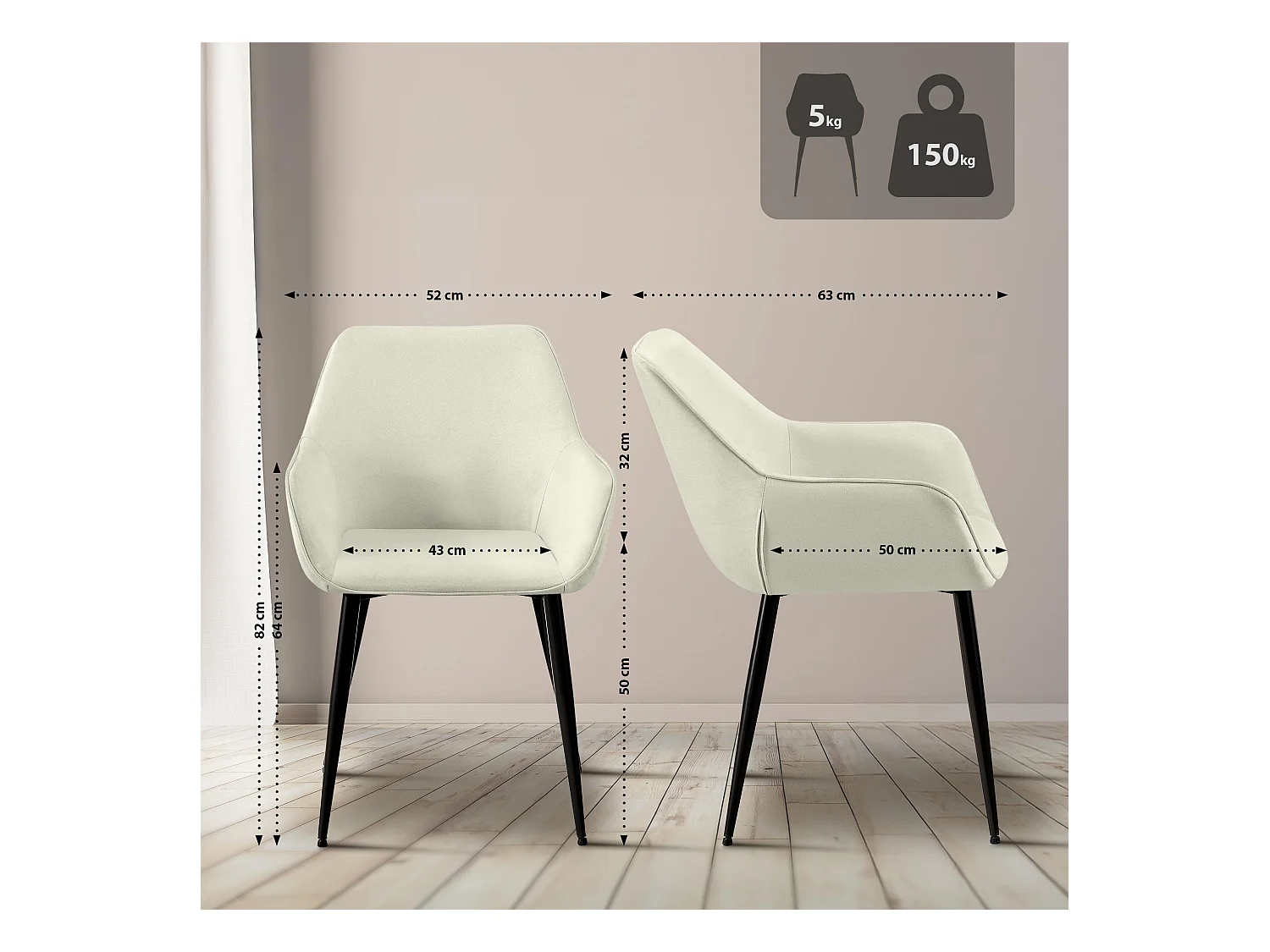 Lot de 2  chaises avec accoudoirs - Tissu - Crème - Luena