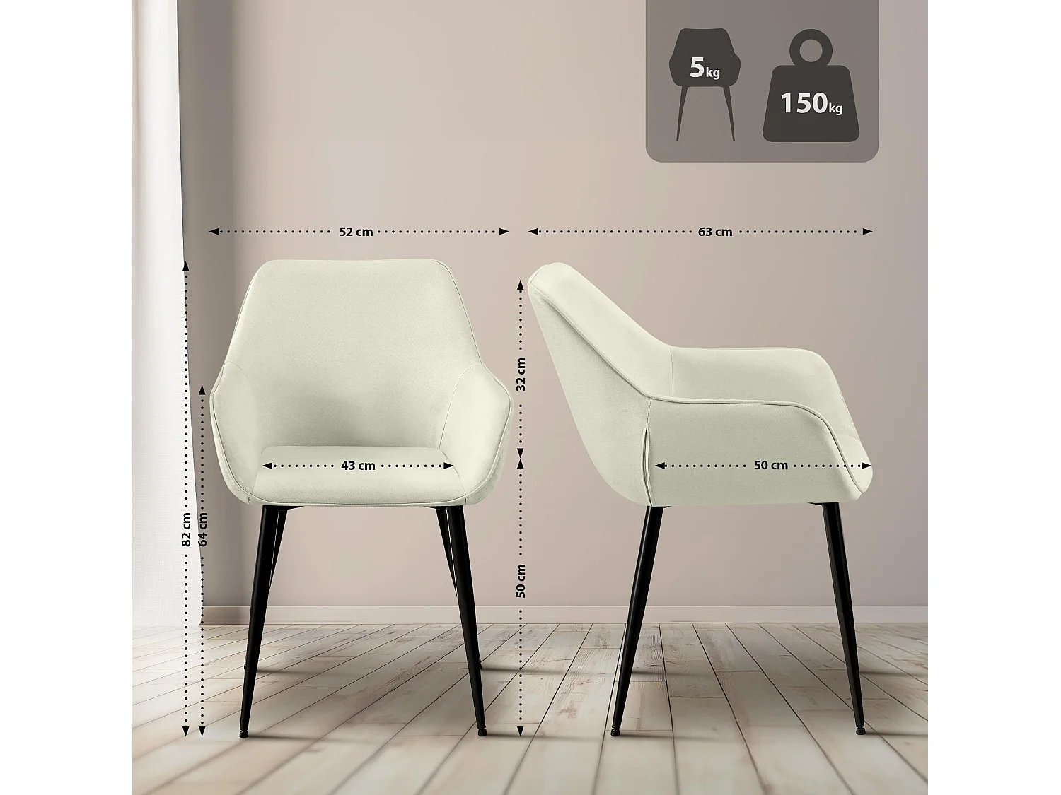 Lot de 2  chaises avec accoudoirs - Tissu - Crème - Luena