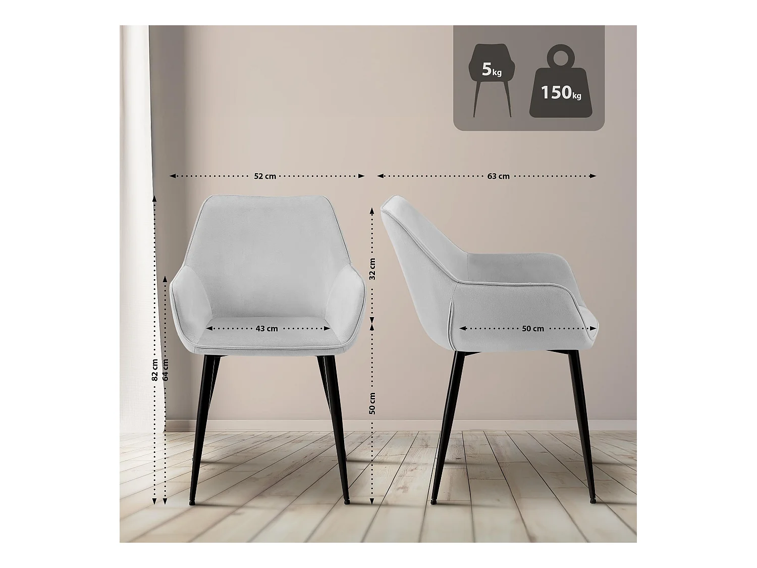 Lot de 2  chaises avec accoudoirs - Velours - Gris clair - Luena