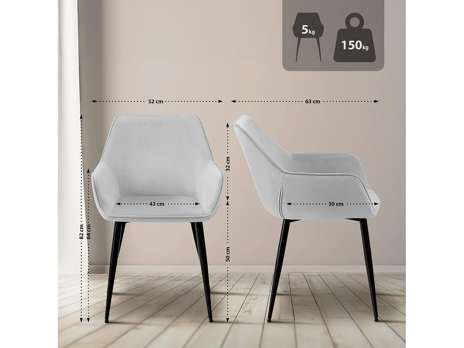 Lot de 2  chaises avec accoudoirs - Velours - Gris clair - Luena
