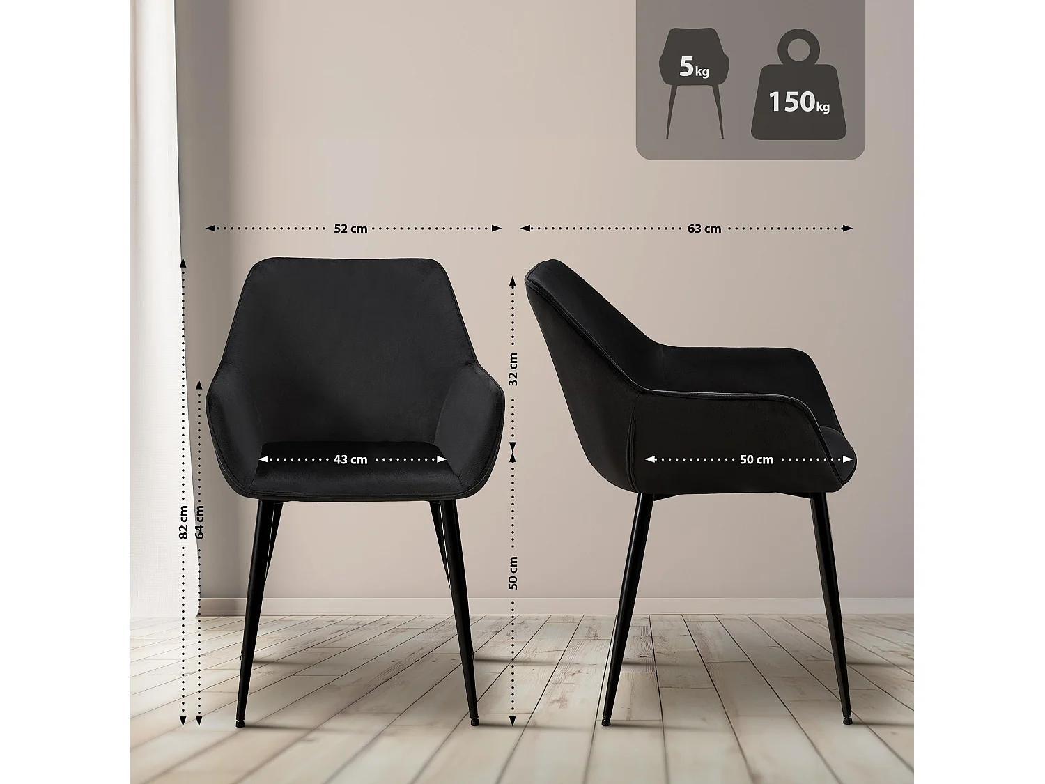 Lot de 2  chaises avec accoudoirs - Velours - Noir - Luena