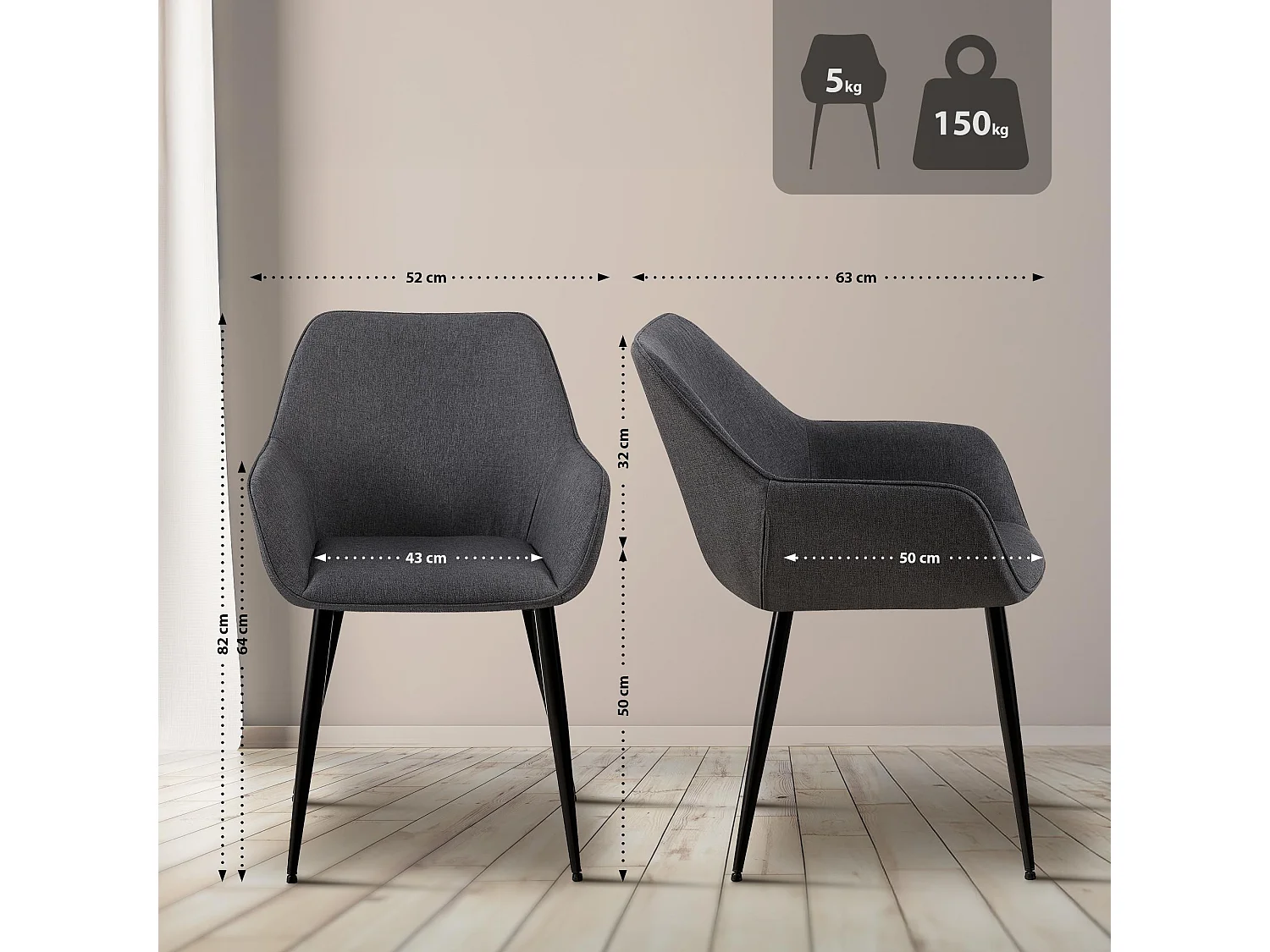 Lot de 2  chaises avec accoudoirs - Tissu - Gris foncé - Luena