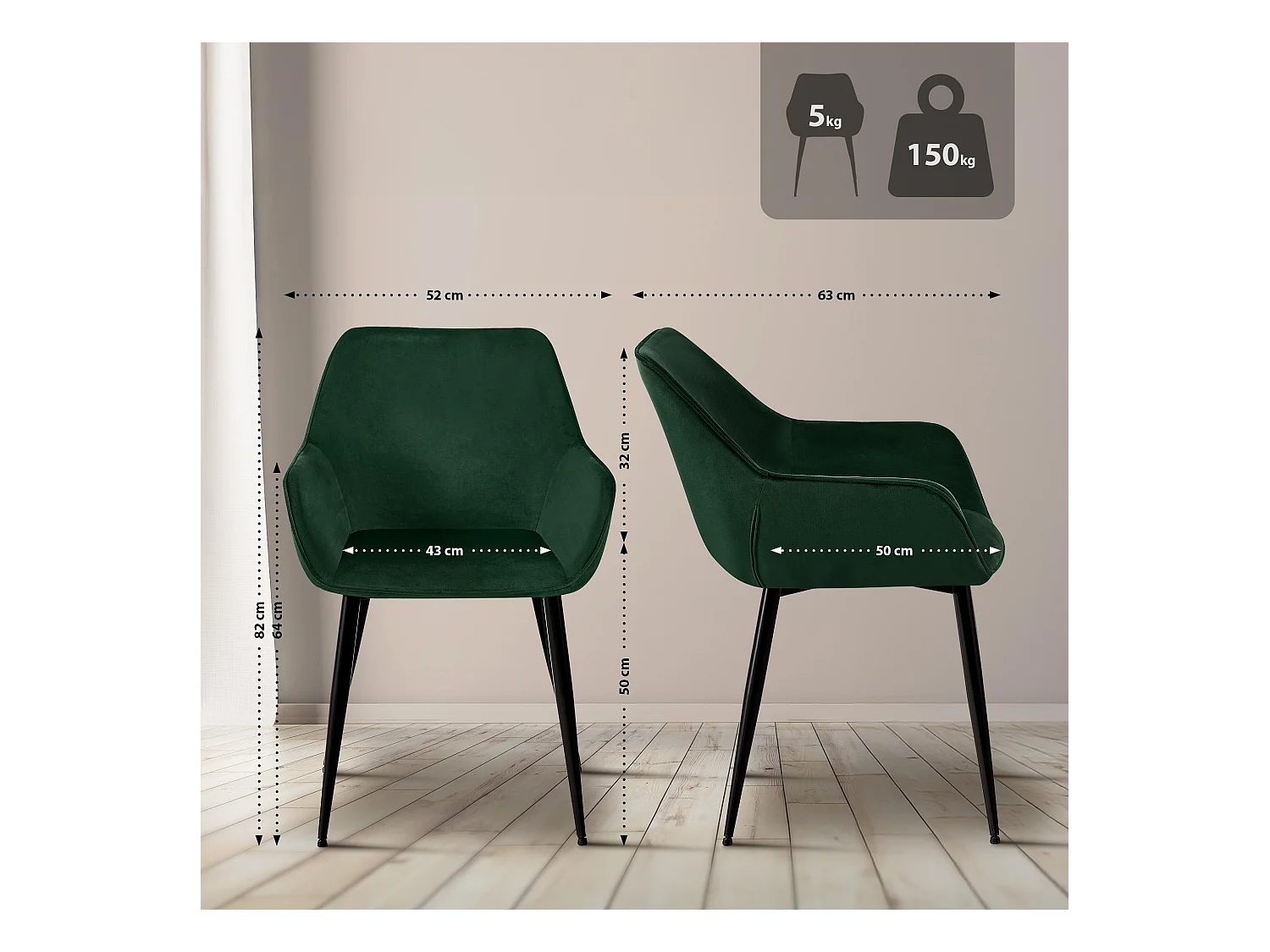 Lot de 2  chaises avec accoudoirs - Velours - Vert - Luena