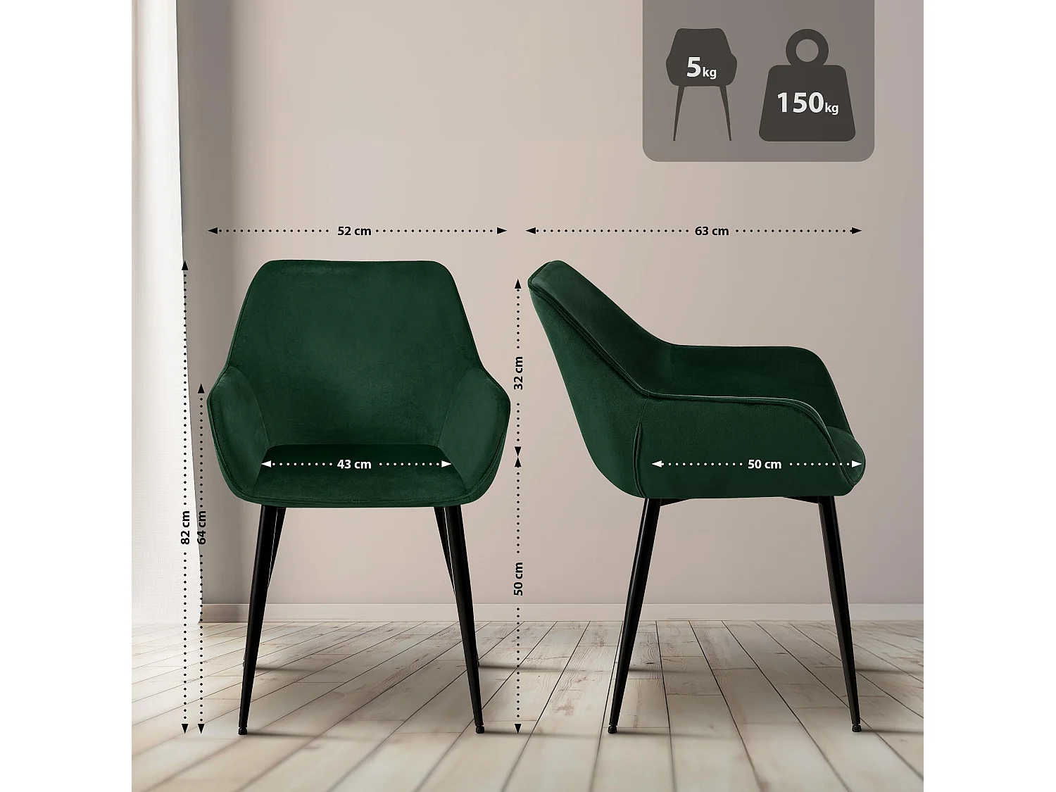 Lot de 2  chaises avec accoudoirs - Velours - Vert - Luena