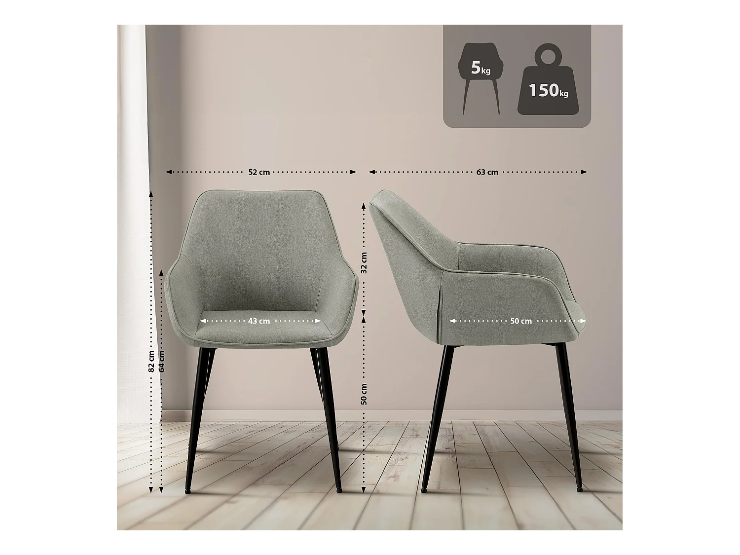 Lot de 2  chaises avec accoudoirs - Tissu - Gris clair - Luena