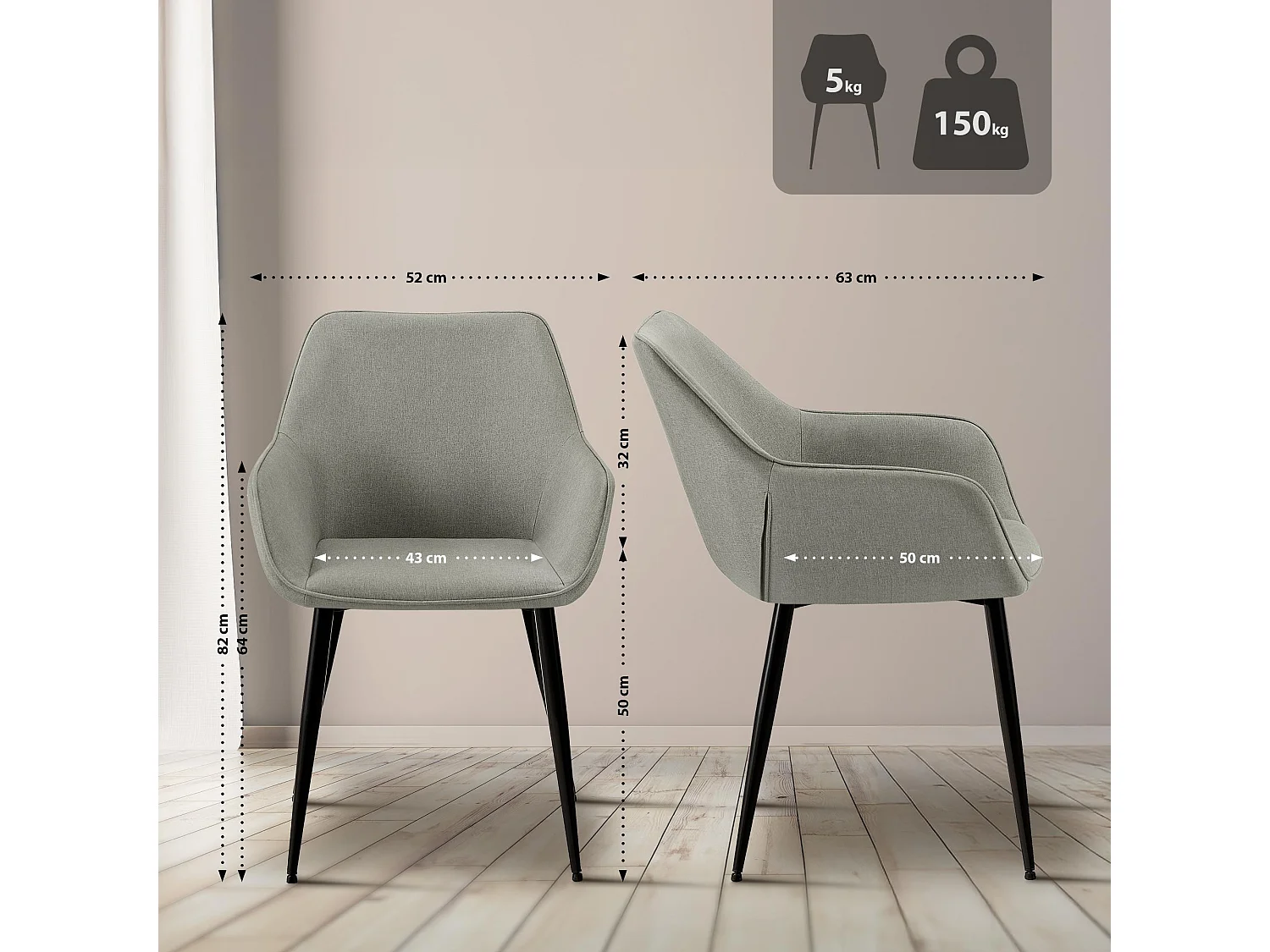 Lot de 2  chaises avec accoudoirs - Tissu - Gris clair - Luena