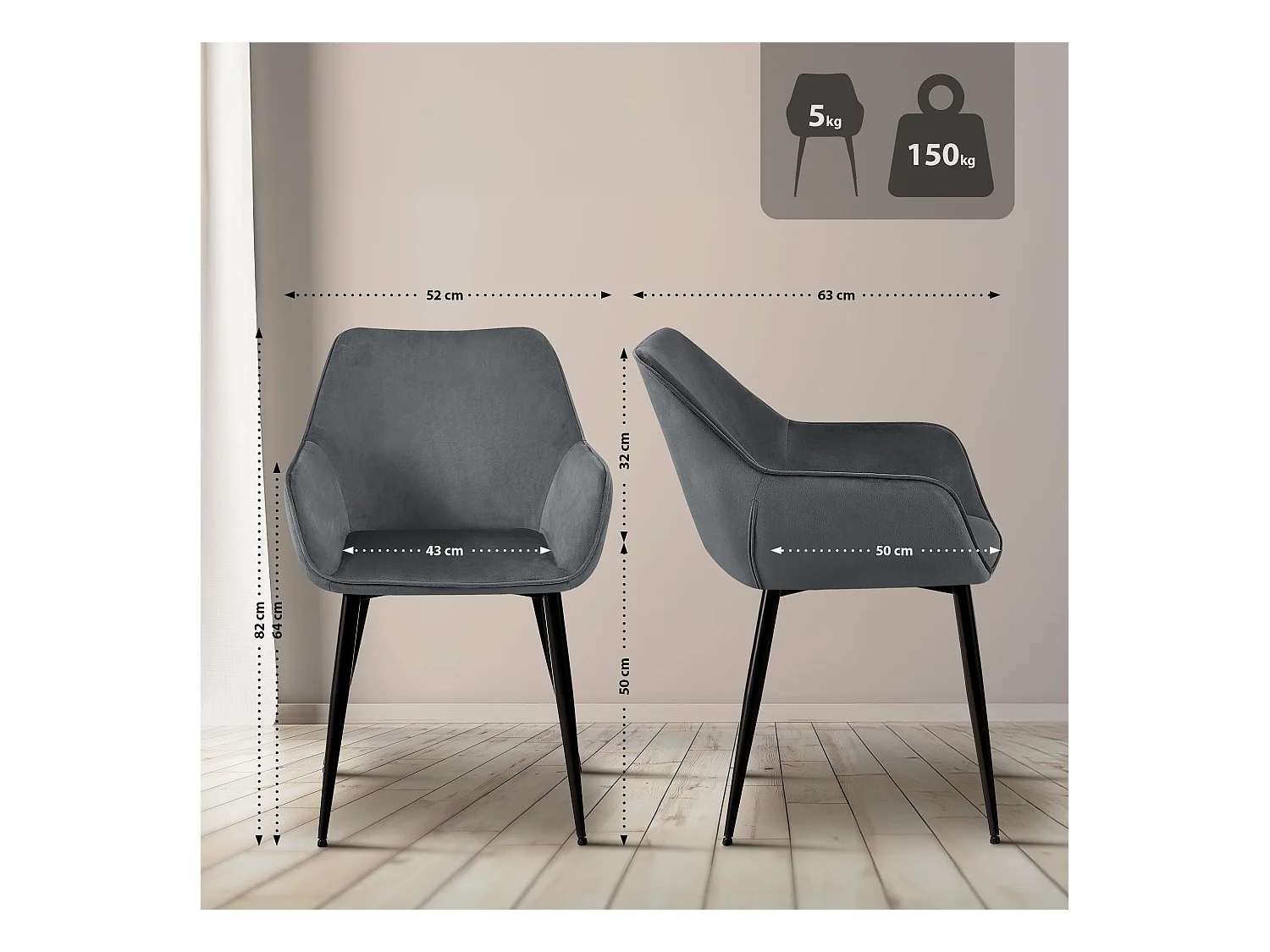 Lot de 2  chaises avec accoudoirs - Velours - Gris foncé - Luena