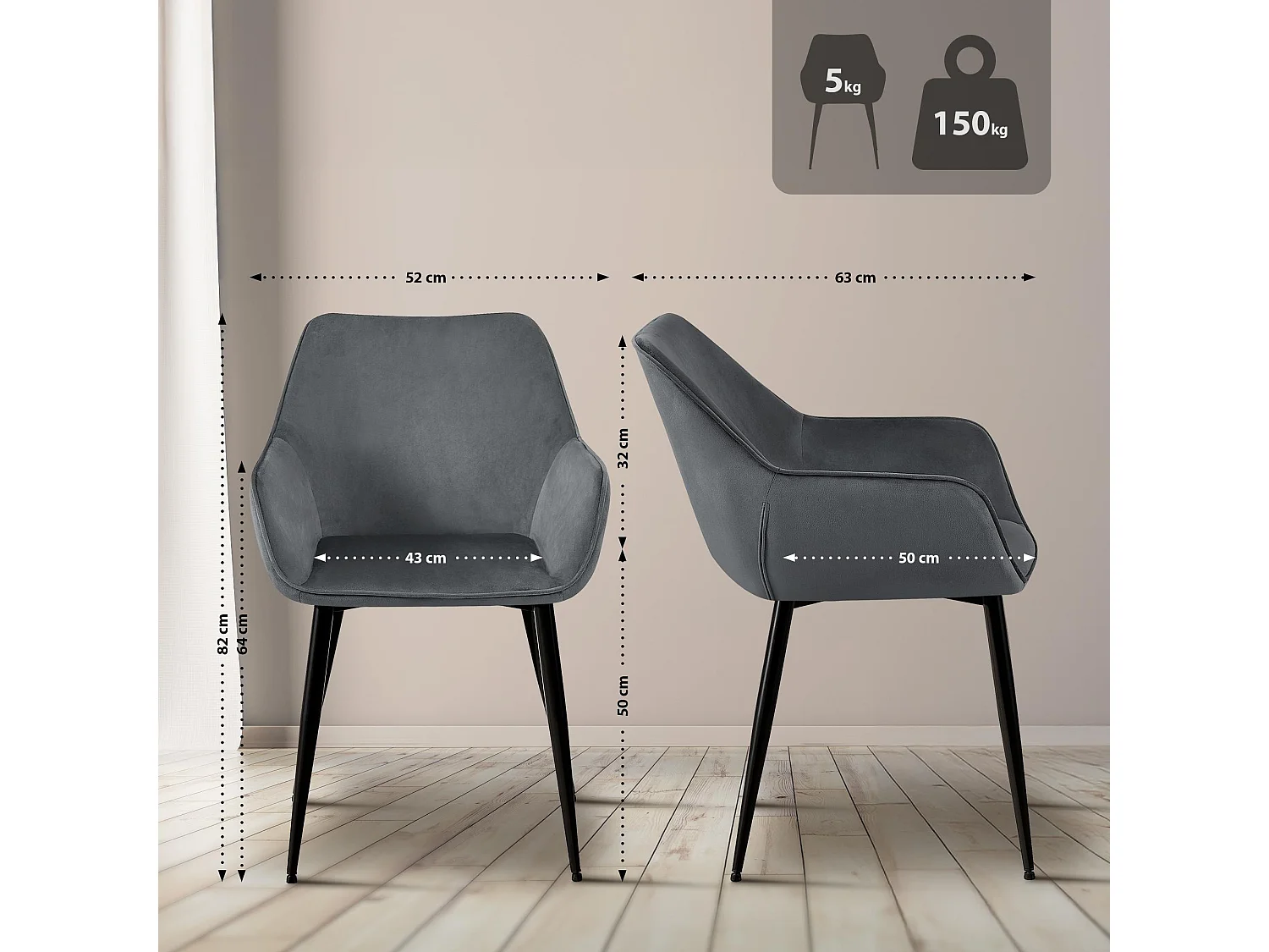 Lot de 2  chaises avec accoudoirs - Velours - Gris foncé - Luena