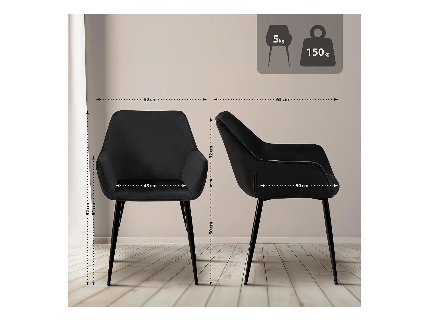chaises avec accoudoirs - Velours - Noir - Luena