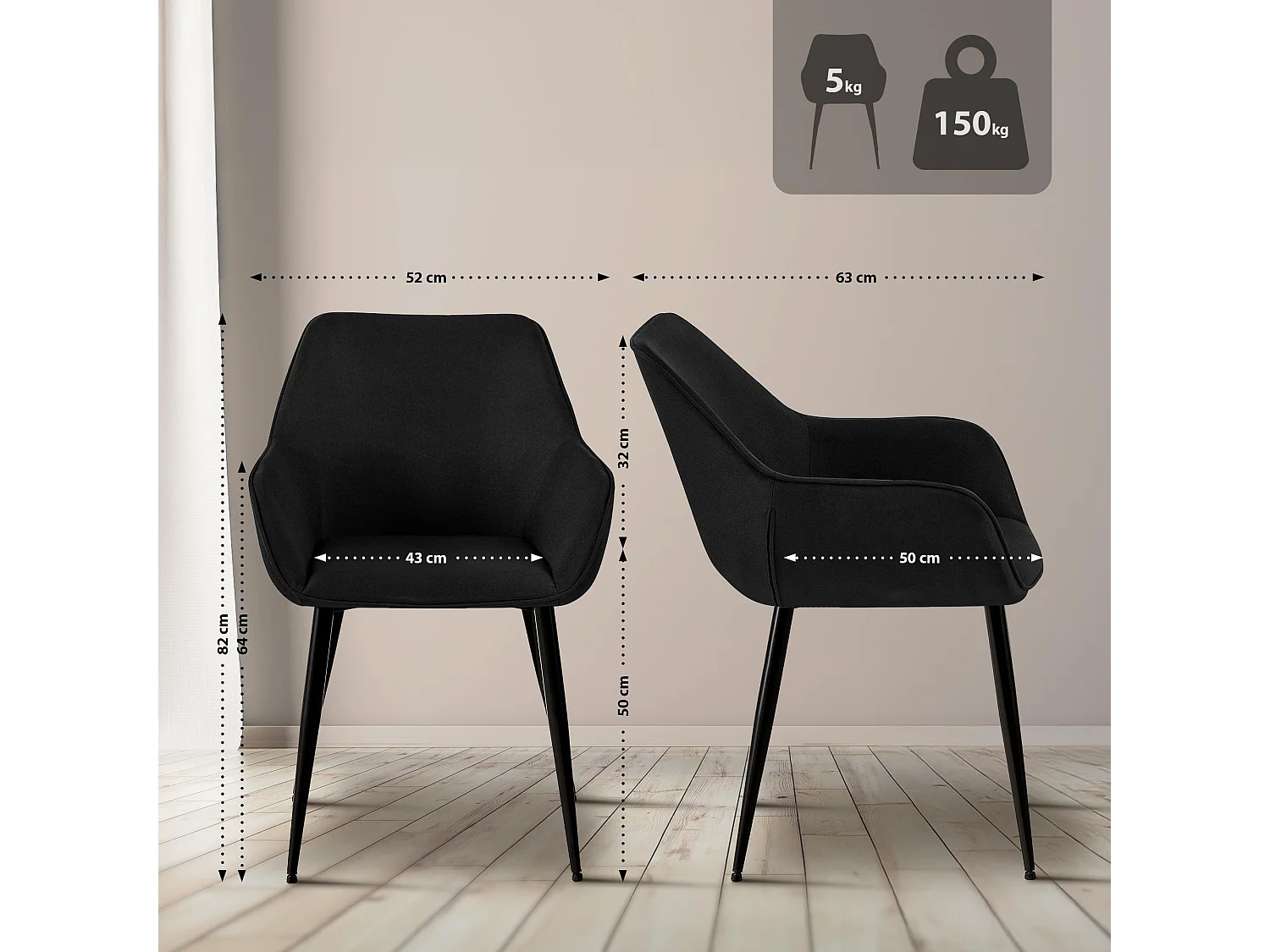 Lot de 2  chaises avec accoudoirs - Tissu - Noir - Luena