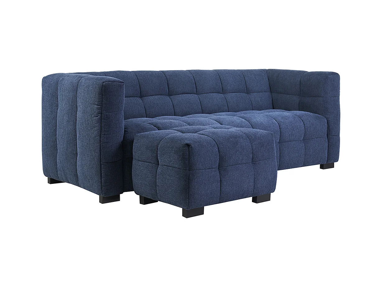 Canapé design 3 places et repose-pieds en tissu effet velours texturé bleu foncé CORTO