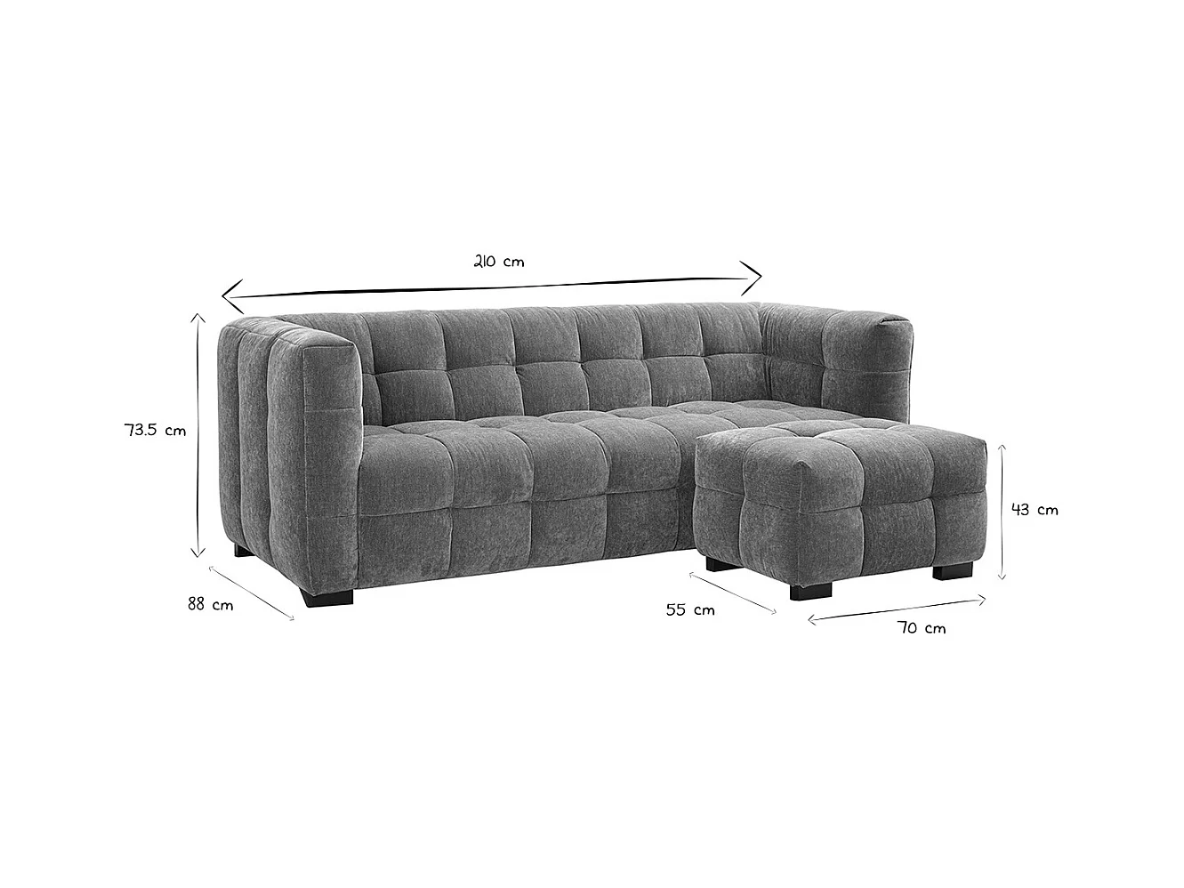 Canapé design 3 places et repose-pieds en tissu effet velours texturé bleu foncé CORTO