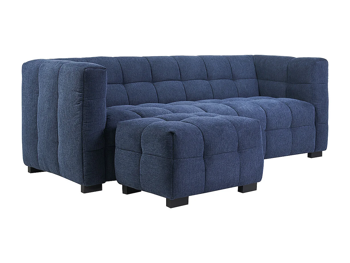 Sofá diseño de 3 plazas y reposapiés de terciopelo azul oscuro CORTO