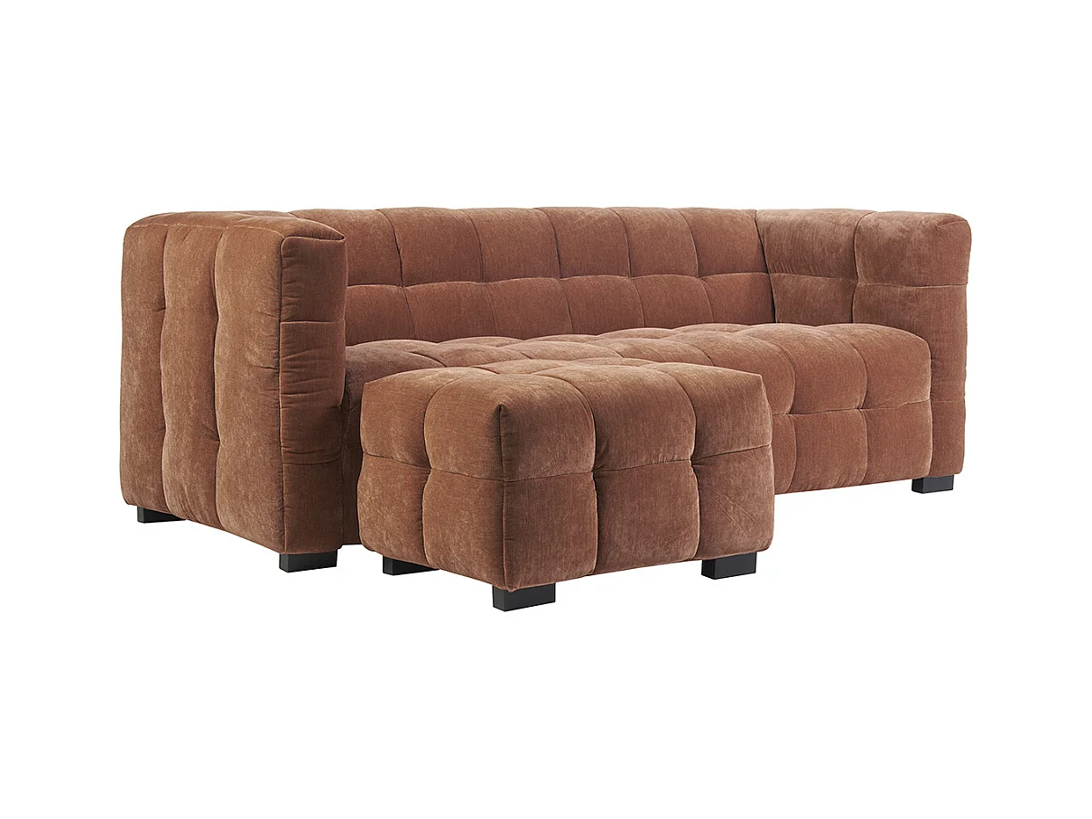 Canapé design 3 places et repose-pieds en tissu effet velours terre brûlée CORTO