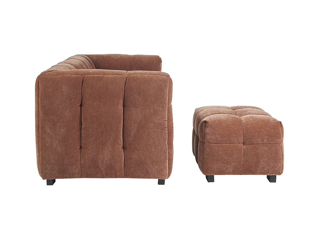 Canapé design 3 places et repose-pieds en tissu effet velours terre brûlée CORTO