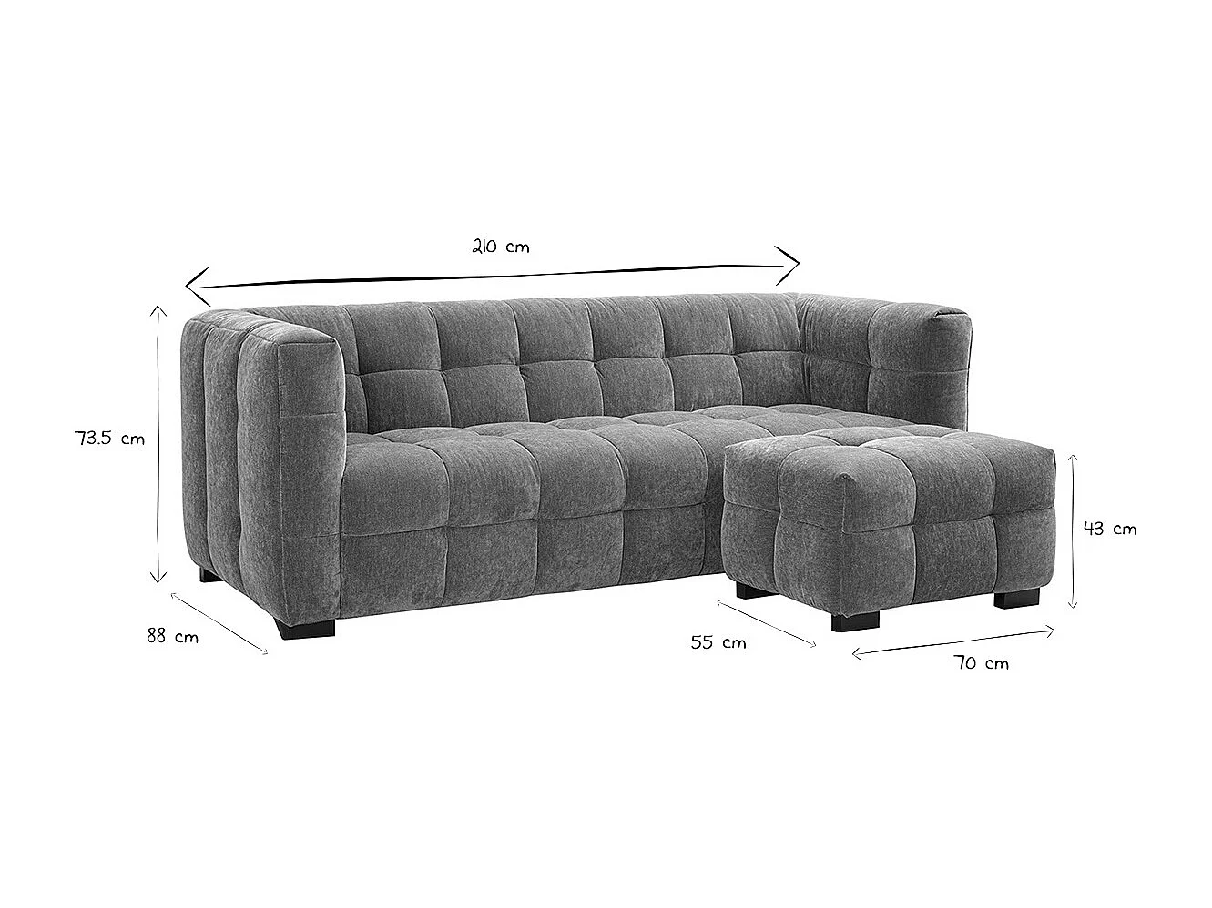 Divano design 3 posti e poggia piedi in tessuto effetto velluto color bruciato CORTO