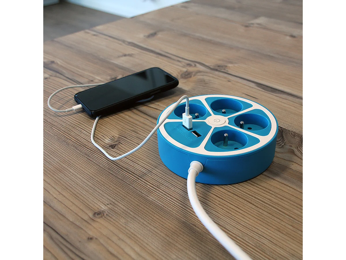 Bloc multiprise cercle 4x16A USB A+C Bleu - Chacon