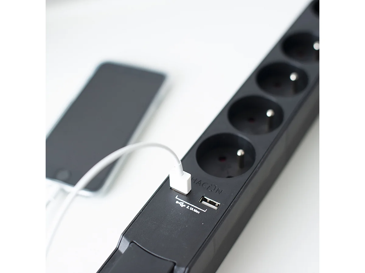 Multiprise Design 5x16A + 2xUSB 1,5m - Noir - Chacon