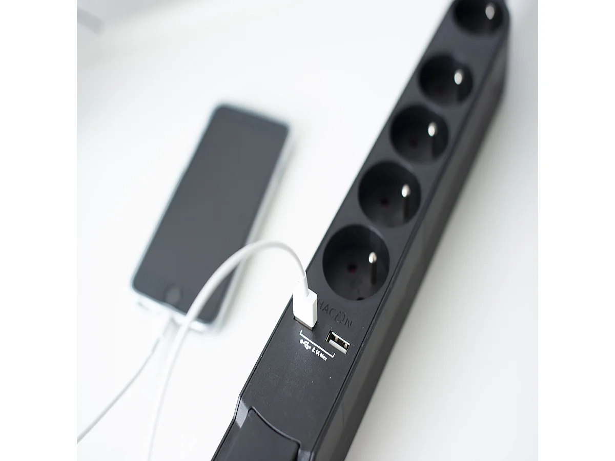 Multiprise Design 5x16A + 2xUSB 1,5m - noir - Chacon