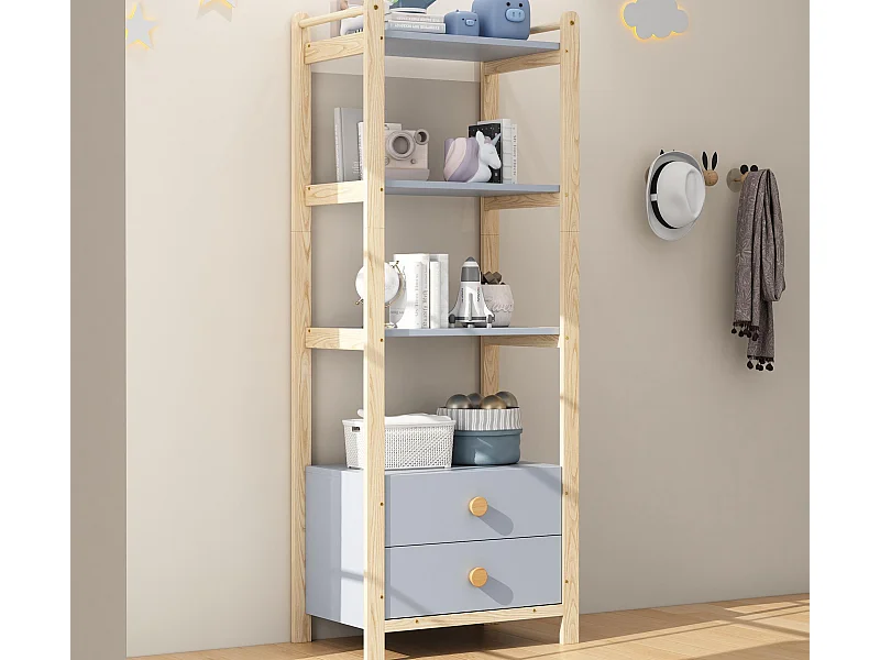Étagère de rangement 70x44x180 cm - 2 tiroirs - poignées en bois massif - structure en pin - bleu+naturel