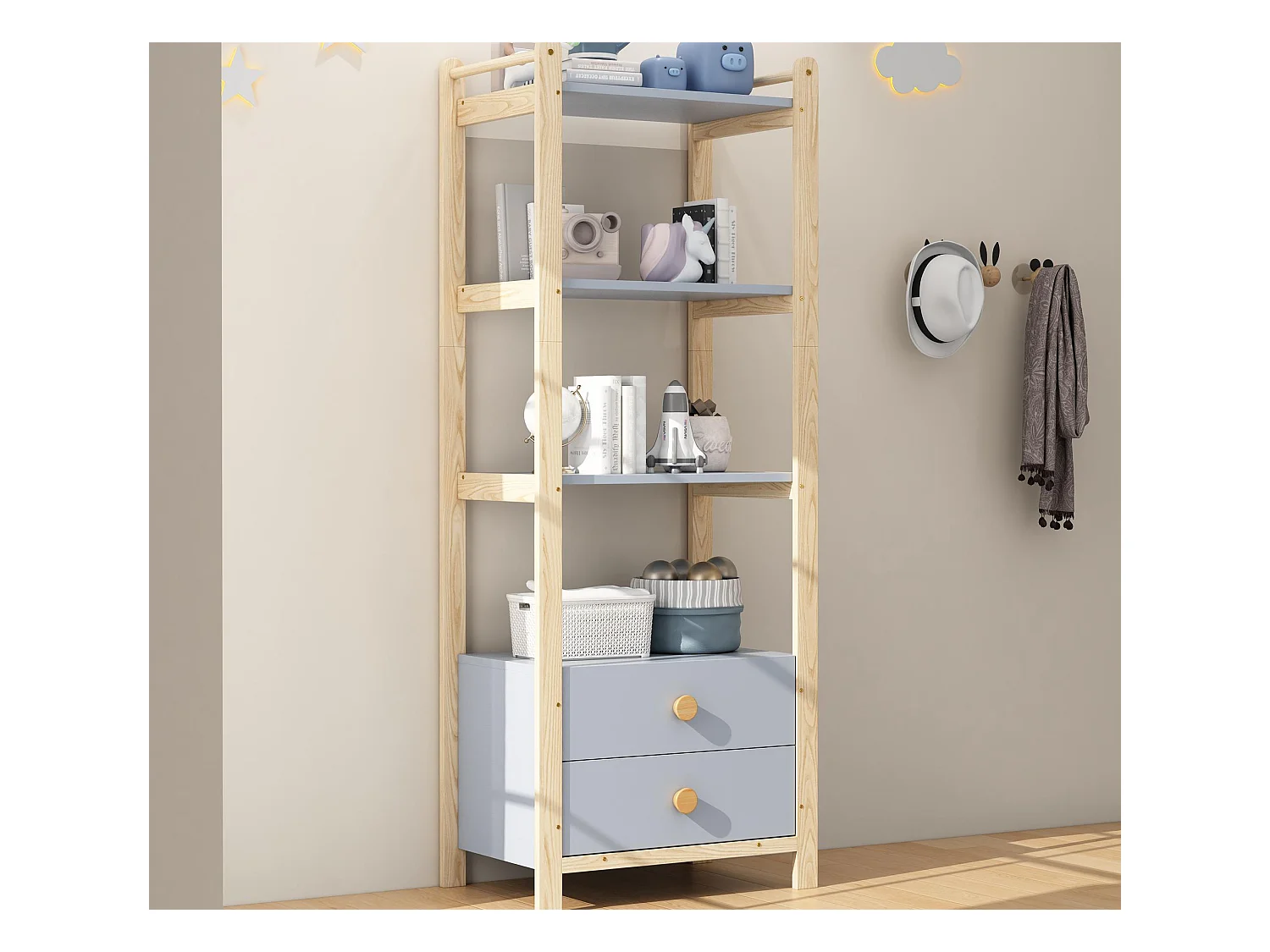 Étagère de rangement 70x44x180 cm - 2 tiroirs - poignées en bois massif - structure en pin - bleu+naturel