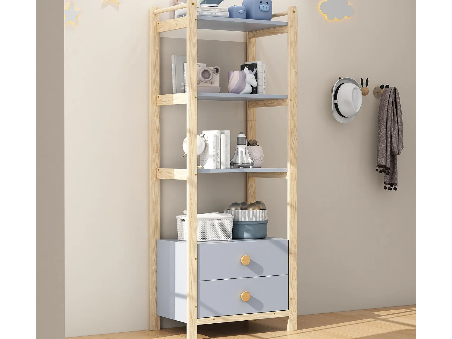 Étagère de rangement 70x44x180 cm - 2 tiroirs - poignées en bois massif - structure en pin - bleu+naturel